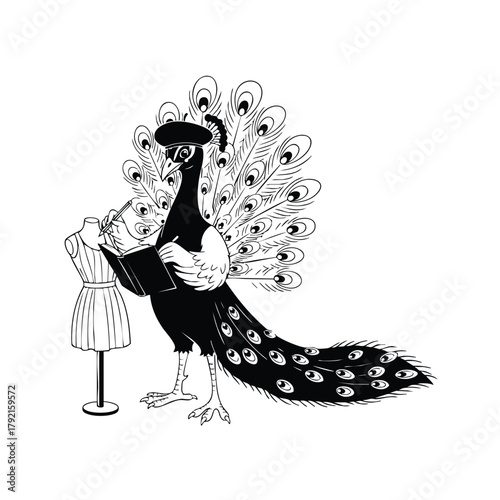 Peacock silhouette with white background fashion designer drawing dress on mannequin in sketchbook 110 characters