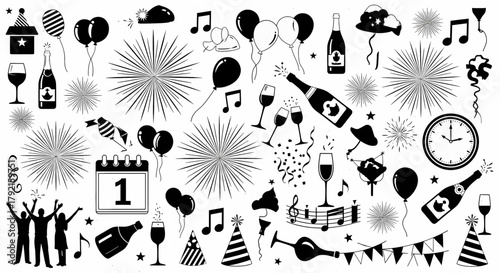 Vector illustration of collection of new years eve celebration elements, isolated on