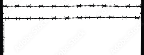 Barbed wire fence, security barrier, metal strands, sharp barbs, livestock enclosure, prison fencing, danger zone, protection, rural boundary, deterrent