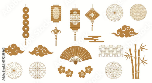 Vector illustration of collection of traditional chinese cultural elements in gold, isolated on