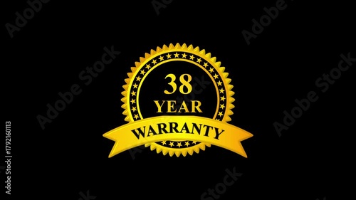 Golden 38 year warranty badge with ribbon on black background, premium quality guarantee label, certification seal, quality assurance, product guarantee seal, metallic gold warranty