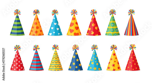 Vector illustration of collection of colorful party hats with pompoms on top, isolated on a