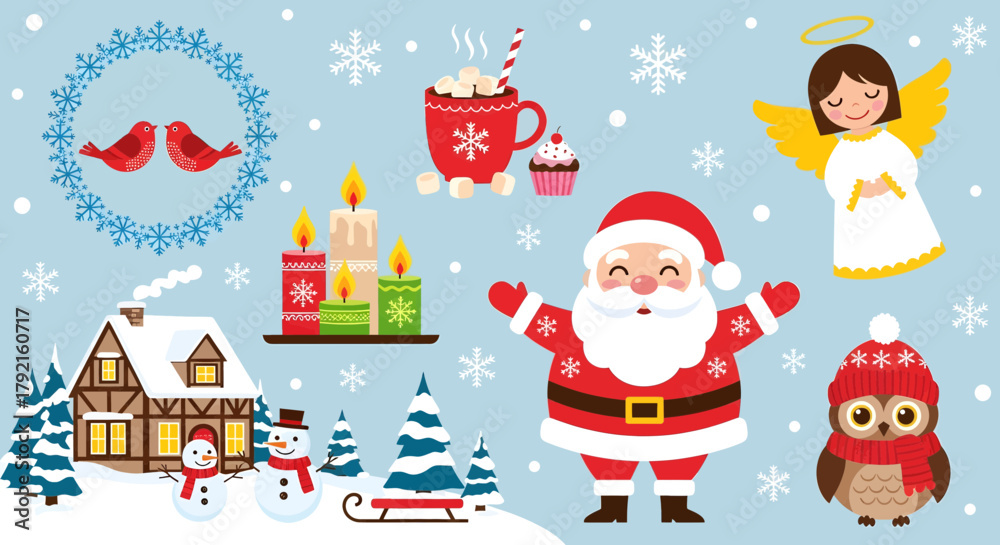 Fototapeta premium Vector illustration of collection of christmas elements including santa claus, snowman, house, trees, candles, angel, owl, and birds, perfect for holiday designs