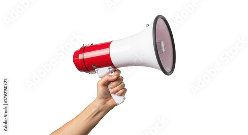 Hand holding a red and white megaphone with a background isolated on a transparent background bullhorn