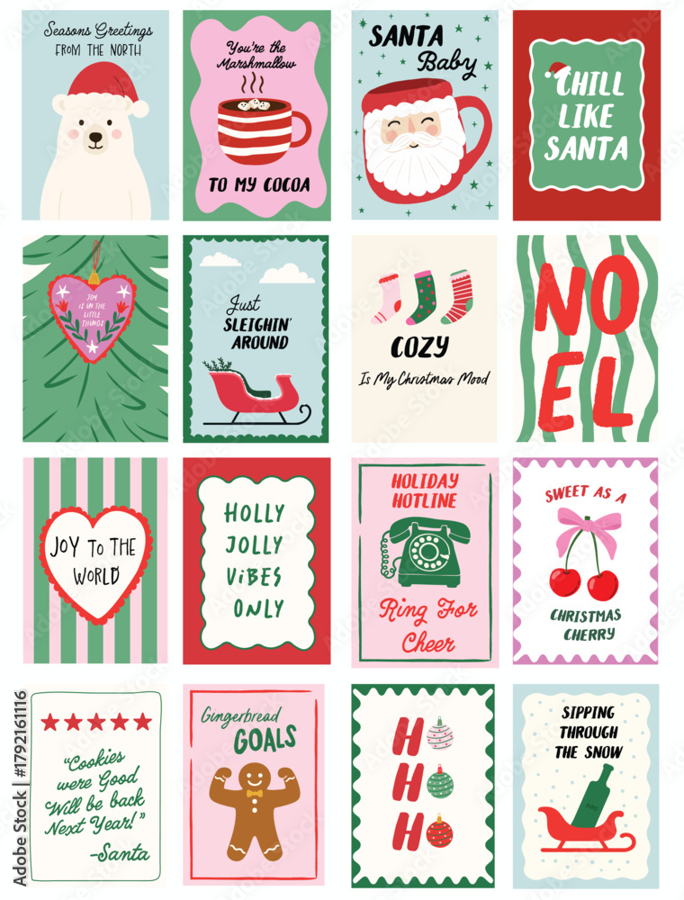 Naklejka premium Colorful Christmas and Holidays poster set. Quirky festive quotes, cozy winter vibes in red green pastel pink. Perfect holiday wall decor templates, social media, ad banners, posters, card design.