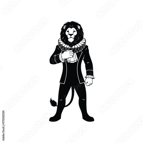 Noble Lion Silhouette Standing Gracefully on White Background Dressed in Elegant Royal Costume and Ruff