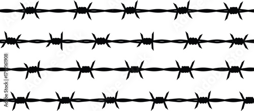 Barbed wire silhouette styles, black fencing design, sharp metal strands, danger symbol, security concept, protective barrier, wire pattern, industrial theme