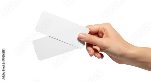Hand holding two blank white perforated tickets isolated on a transparent background image
