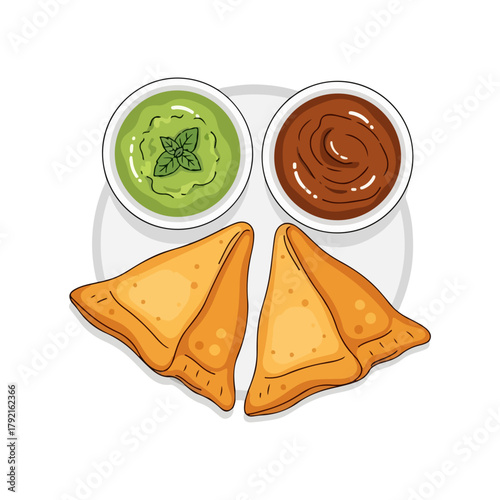 Samosa with Chutneys – Traditional Indian Snack Vector Illustration  
