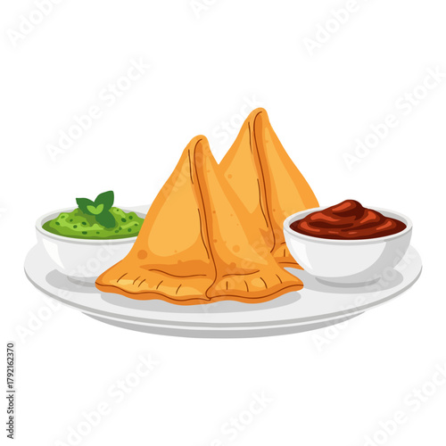 Samosa with Chutneys – Traditional Indian Snack Vector Illustration  
