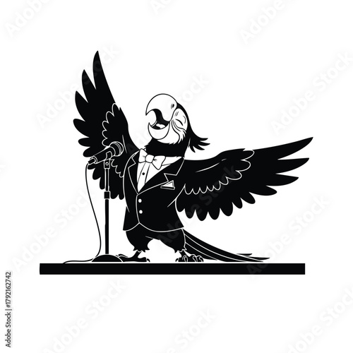 Parrot singer silhouette on White background with suit and bow tie singing song on stage with microphone