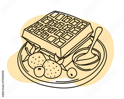 Vector illustration depicting a delicious waffle served on a plate with fresh strawberries and a spoon of honey. The design emphasizes a sweet breakfast or dessert concept.