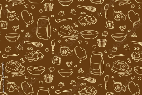 Seamless Baking Pattern with Kitchen Tools Vector Design