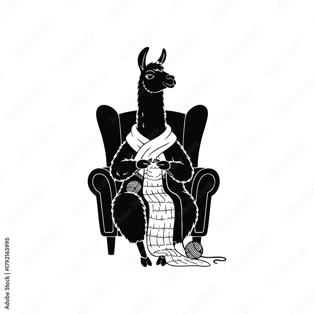 Naklejka premium Silhouette of Llama Knitting on Chair on White Background Winter Hobby Lifestyle Vector