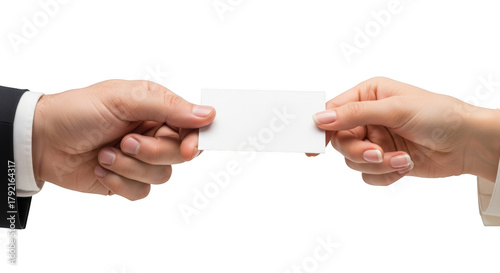 Man in dark suit and woman in white shirt exchange blank white business card isolated on a transparent background