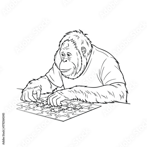 Silhouette Orangutan solving puzzle on White background for brain teasers and problem solving concepts