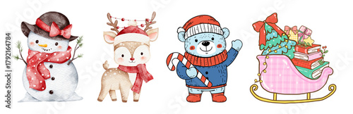 Charming watercolor christmas characters: snowman, reindeer, bear with candy cane, and sleigh with presents