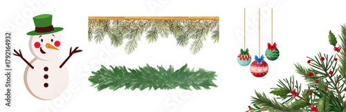 Charming snowman with festive christmas tree branches and ornaments, perfect for holiday designs