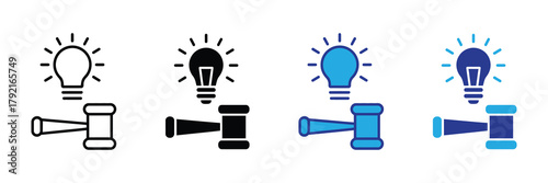 Idea and law icons for intellectual property, legal innovation, creativity, and judgment. isolated on white background