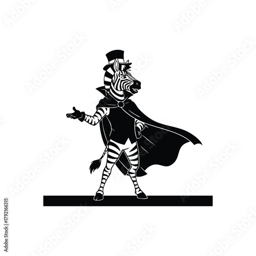 Zebra magician performing stage trick silhouette wearing cape on white background posing isolated