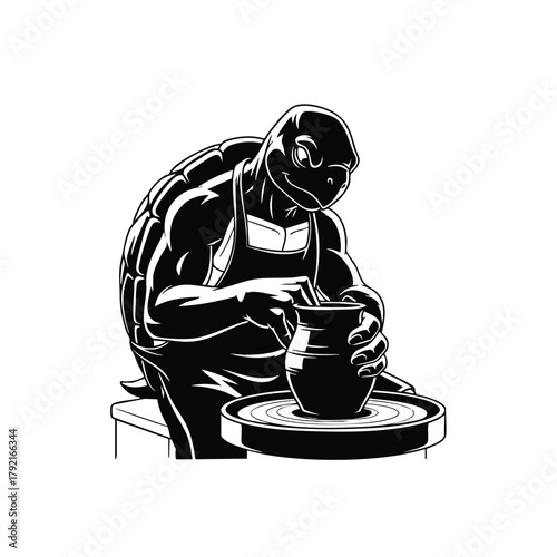 Turtle silhouette with white background making pottery with hands on potter wheel working as artist 110 characters