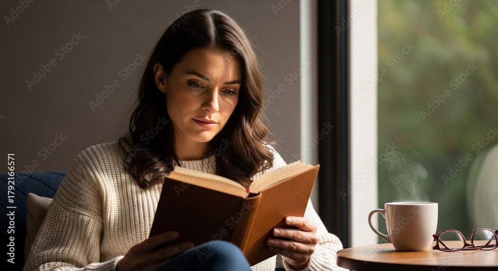 Obraz premium A tranquil woman finds solace and relaxation while reading a captivating book in a cozy, sunlit corner with a warm beverage