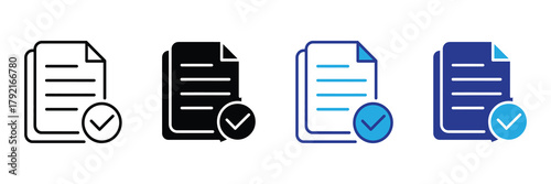 Document completion and approval icon set: verified, confirmed, and approved symbols isolated on white background