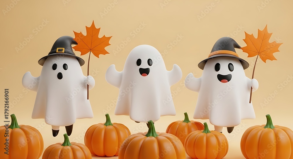 Obraz premium Playful ghosts and pumpkins celebrate autumn halloween