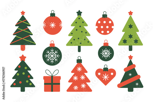 A collection of Christmas trees, ornaments, and a gift box are displayed against a white background.