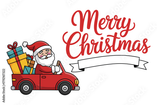 Santa Claus drives a red car filled with Christmas gifts while wishing Merry Christmas.
