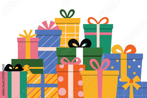 A colorful pile of wrapped gift boxes with ribbons and bows creates a festive holiday scene.