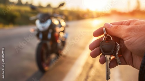 A hand holding motorcycle keys in front of a parked motorcycle on a sunny road. The scene captures the essence of freedom and adventure.