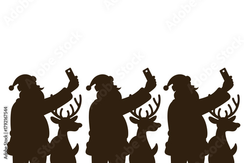 Three Santa Claus figures and reindeer silhouettes take selfies on a white background.