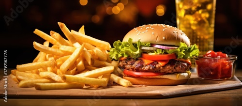 a mouthwatering hamburger with french fries, ketchup, and a rustic, wooden background with warm, glowing lighting
