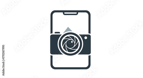 A stylized smartphone displays a camera lens icon, symbolizing mobile photography.