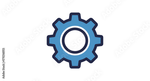 A stylized blue gear symbol is set against a clean white background, representing industry.