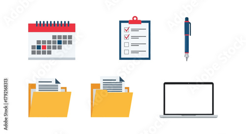 A collection of office supplies includes a calendar, checklist, pen, folders, and laptop.