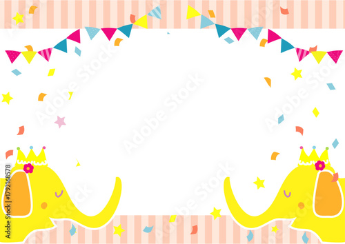 Festive yellow elephants with bunting and confetti background
