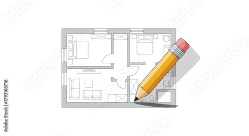 A pencil drawing a floor plan for a modern apartment layout.