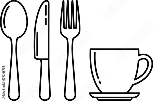 A clean set of cutlery and a teacup are neatly arranged on a white background.