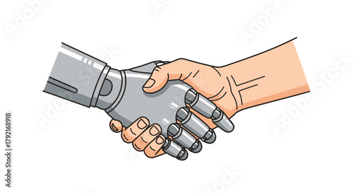 A human hand and a robot hand shake in a gesture of cooperation.