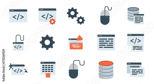 A collection of flat design icons representing programming, data, and technology.