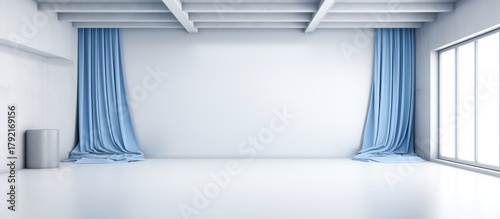 empty white room, high ceiling, wooden beams, large windows, blue curtains, minimal interior design, natural lighting, spacious studio, clean minimalist atmosphere
