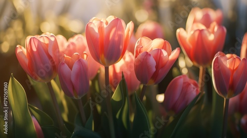 closeup of vibrant red tulips blooming in a garden, soft focus, warm lighting, lush greenery, spring flowers, detailed, high resolution
