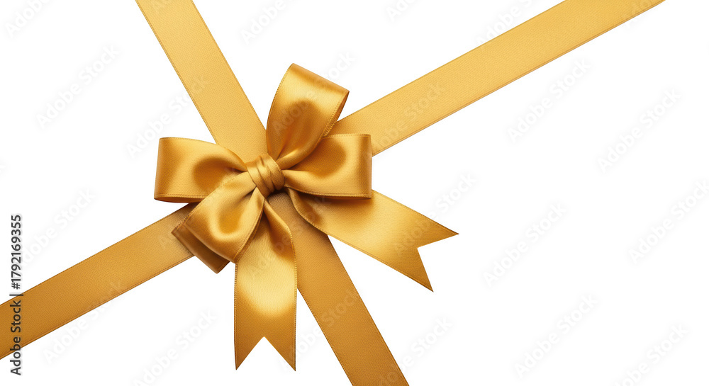 Fototapeta premium Shiny golden satin ribbon tied in a bow with tails against a background isolated on a transparent background