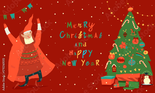 Santa Claus jumping near Christmas Tree