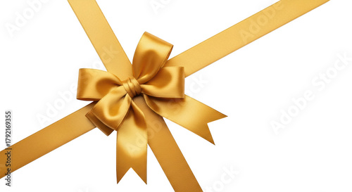 Shiny golden satin ribbon tied in a bow with tails against a background isolated on a transparent background