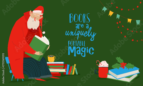 Cartoon Santa Claus reading the Book on Wooden Chair Near Stack of Books