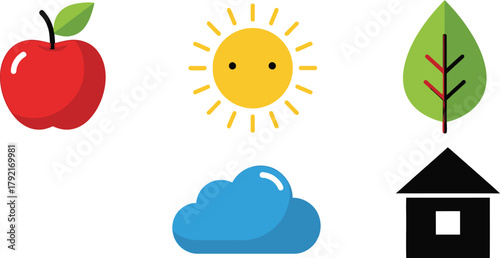 A simple graphic illustration of an apple, sun, leaf, cloud, and house on a white background.