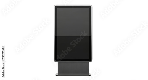 Tall digital display screen with silver frame and gray base isolated on a transparent background monitor
